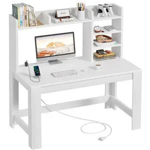 White Desk with Hutch and Power Outlet, 43 Inch Small Space Computer Writing Desk with Storage Shelves, Modern Home Office Workstation for Bedroom Dorm White Desk with Hutch and Power Outlet, 43 Inch Small Space Computer Writing Desk with Storage Shelves, Modern Home Office Workstation for Bedroom Dorm