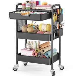 3 Tier Metal Rolling Utility Cart with Drawer & Pegboard - Multifunctional Storage Cart on Wheels with Tabletop, Hooks & Basket, Sturdy Craft & Art Cart for Bathroom, Bedroom, Children Room, Black 3 Tier Metal Rolling Utility Cart with Drawer & Pegboard - Multifunctional Storage Cart on Wheels with Tabletop, Hooks & Basket, Sturdy Craft & Art Cart for Bathroom, Bedroom, Children Room, Black