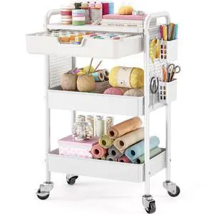 3 Tier Metal Rolling Utility Cart with Drawer & Pegboard - Multifunctional Storage Cart on Wheels with Tabletop, Hooks & Basket, Sturdy Craft & Art Cart for Bathroom, Bedroom, Children Room, White 3 Tier Metal Rolling Utility Cart with Drawer & Pegboard - Multifunctional Storage Cart on Wheels with Tabletop, Hooks & Basket, Sturdy Craft & Art Cart for Bathroom, Bedroom, Children Room, White