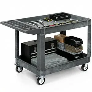 2 Tier Heavy Duty Plastic Utility Cart 45 x 25 Inch, Grey | Rolling Work Cart w/ Deep Shelves & 360° Swivel Wheels(2 Brake), Plastic Tool Cart Suitable for Warehouse, Garage, Office 2 Tier Heavy Duty Plastic Utility Cart 45 x 25 Inch, Grey | Rolling Work Cart w/ Deep Shelves & 360° Swivel Wheels(2 Brake), Plastic Tool Cart Suitable for Warehouse, Garage, Office