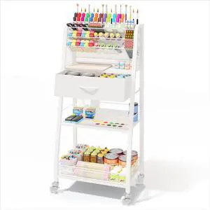 3 Tier Rolling Cart - Metal Utility Cart with Storage Drawer and Wheels, Versatile Art & Craft Organizer for Home, Office, or Studio - Ideal for Storing Brushes, Paints, and SuppliesWhite 3 Tier Rolling Cart - Metal Utility Cart with Storage Drawer and Wheels, Versatile Art & Craft Organizer for Home, Office, or Studio - Ideal for Storing Brushes, Paints, and SuppliesWhite