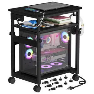 3-Tier Extra-Large Computer Tower Stand with Charging Station, 25.2''-35.8'' Height-Adjustable PC Tower Stand, Rolling CPU Cart with Lockable Wheels for Office Home Gaming 3-Tier Extra-Large Computer Tower Stand with Charging Station, 25.2''-35.8'' Height-Adjustable PC Tower Stand, Rolling CPU Cart with Lockable Wheels for Office Home Gaming