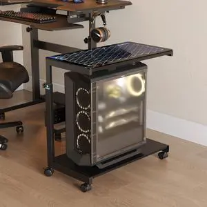 Height Adjustable Computer Tower Stand, Illuminated Glass Panel PC Stand w/RGB Lights, 2-Tier CPU Holder Cart Under Desk, PC Floor Stand for Office Gaming, APP Control Height Adjustable Computer Tower Stand, Illuminated Glass Panel PC Stand w/RGB Lights, 2-Tier CPU Holder Cart Under Desk, PC Floor Stand for Office Gaming, APP Control