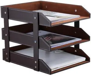 Letter Tray, Leather Paper Organizer Tray, Wooden Desk File Holder, Desktop File, Stackable Magazine Holder, Mail Sorter, Great for Home or Office - 3 Level Brown Letter Tray, Leather Paper Organizer Tray, Wooden Desk File Holder, Desktop File, Stackable Magazine Holder, Mail Sorter, Great for Home or Office - 3 Level Brown