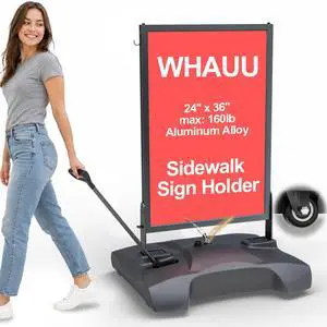 Wind Resistant Sidewalk Sign Holder with Pull Handle & 4 Wheels | 160lb Heavy Duty Poster Stand with Water Base, 24"x36" Aluminum Sign Stand, Indoor & Outdoor Use, 1 Backboard & 2 PVC Films Wind Resistant Sidewalk Sign Holder with Pull Handle & 4 Wheels | 160lb Heavy Duty Poster Stand with Water Base, 24"x36" Aluminum Sign Stand, Indoor & Outdoor Use, 1 Backboard & 2 PVC Films