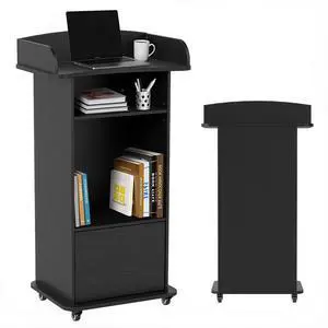 Podium Stand Portable with Wheels, Classroom Lectern for Teacher with Adjustable Storage Shelf, Mobile Rolling Church Pulpits, Office Wooden Reception Desk, Host Stand for School ConferenceBlack Podium Stand Portable with Wheels, Classroom Lectern for Teacher with Adjustable Storage Shelf, Mobile Rolling Church Pulpits, Office Wooden Reception Desk, Host Stand for School ConferenceBlack