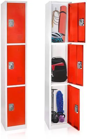 Large School Locker with 3 Doors 3 Hooks Storage Locker - Metal Storage Locker Cabinet Ideal for School, Garage, Office Lockers - (3 Door, Red) Large School Locker with 3 Doors 3 Hooks Storage Locker - Metal Storage Locker Cabinet Ideal for School, Garage, Office Lockers - (3 Door, Red)
