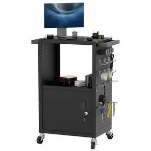 Heavy Duty AV Cart, Rolling Computer Cart with Locking Cabinet | Pegboard Storage & Hooks, Built-in Outlet, 440lbs Capacity, Lock Brake Wheels, Push Handles, for Home Office Classroom Heavy Duty AV Cart, Rolling Computer Cart with Locking Cabinet | Pegboard Storage & Hooks, Built-in Outlet, 440lbs Capacity, Lock Brake Wheels, Push Handles, for Home Office Classroom