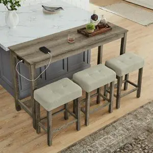 4 Piece Kitchen Dining Room Table and Chairs Set, Farmhouse Wooden Counter Height Bar-Sets w/USB Ports & Power Outlet & 3pcs Stools, 59" Sofa-Table Barstool w/Charging Station, Brown 4 Piece Kitchen Dining Room Table and Chairs Set, Farmhouse Wooden Counter Height Bar-Sets w/USB Ports & Power Outlet & 3pcs Stools, 59" Sofa-Table Barstool w/Charging Station, Brown