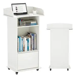 Podium Stand Portable with Wheels, Classroom Lectern for Teacher with Adjustable Storage Shelf, Mobile Rolling Church Pulpits, Office Wooden Reception Desk, Host Stand for School ConferenceWhite Podium Stand Portable with Wheels, Classroom Lectern for Teacher with Adjustable Storage Shelf, Mobile Rolling Church Pulpits, Office Wooden Reception Desk, Host Stand for School ConferenceWhite