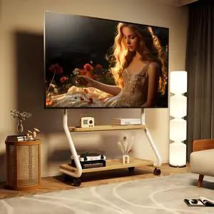 Easel Rolling TV Stand with Wheel for 32-75 Inch TVs up to110 lbs | Mobile TV Cart With 2-Tier Wood Storage Shelf, Perforated Organizer Panels, Heavy Duty Floor Tv Mount, Vesa Up To 600x400 Easel Rolling TV Stand with Wheel for 32-75 Inch TVs up to110 lbs | Mobile TV Cart With 2-Tier Wood Storage Shelf, Perforated Organizer Panels, Heavy Duty Floor Tv Mount, Vesa Up To 600x400