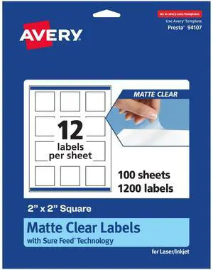 Matte Clear Square Labels, Sure Feed Technology, 2" x 2", 1,200 Matte Clear Labels, Print-to-The-Edge, Laser/Inkjet Printable Matte Clear Square Labels, Sure Feed Technology, 2" x 2", 1,200 Matte Clear Labels, Print-to-The-Edge, Laser/Inkjet Printable