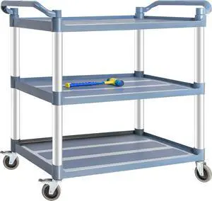 Plastic Utility Carts with Wheels, 3-Tier Large Size Restaurant Food Cart, Heavy Duty 600lbs Capacity Rolling Service Cart w/Hammer for Commercial, Kitchen, Office (Lockable Wheels, L-Grey) Plastic Utility Carts with Wheels, 3-Tier Large Size Restaurant Food Cart, Heavy Duty 600lbs Capacity Rolling Service Cart w/Hammer for Commercial, Kitchen, Office (Lockable Wheels, L-Grey)