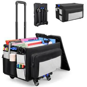 2 in 1 Rolling Cart with Canvas Organizer Bag, 290LBS/70L Capacity Collapsible Teacher Rolling Cart with Lid for School, Craft, Office & Garden, Ideal for Teacher, Therapist & Crafter 2 in 1 Rolling Cart with Canvas Organizer Bag, 290LBS/70L Capacity Collapsible Teacher Rolling Cart with Lid for School, Craft, Office & Garden, Ideal for Teacher, Therapist & Crafter