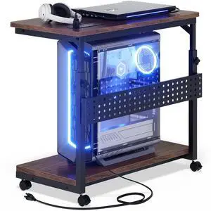 Computer Tower Stand with Power Strips, 4 Levels Manual Height Adjustable PC Tower Stand for Under Desk, Mobile Rolling CPU Holder, Computer Cart with Wheels, 24", Black Walnut Computer Tower Stand with Power Strips, 4 Levels Manual Height Adjustable PC Tower Stand for Under Desk, Mobile Rolling CPU Holder, Computer Cart with Wheels, 24", Black Walnut