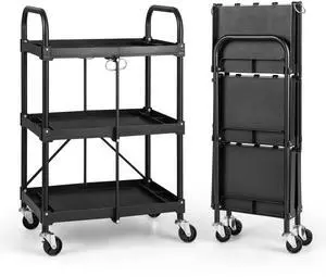 Folding Utility Cart on Wheels, 250lbs 3-Tier Rolling Tool Cart w/Lockable Casters & Compartments, Fast Fold up Collapsible Metal Service Cart for Office, Garage, Kitchen, Black Folding Utility Cart on Wheels, 250lbs 3-Tier Rolling Tool Cart w/Lockable Casters & Compartments, Fast Fold up Collapsible Metal Service Cart for Office, Garage, Kitchen, Black