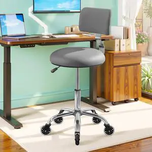 Rolling Stool Chair with Wheels, Office Drafting Chair with Back Support, Height Adjustable Standing Desk Stool with PU Leather Cushion for Home Office Kitchen Vanity Salon Garage Tattoo Dentist, Grey Rolling Stool Chair with Wheels, Office Drafting Chair with Back Support, Height Adjustable Standing Desk Stool with PU Leather Cushion for Home Office Kitchen Vanity Salon Garage Tattoo Dentist, Grey