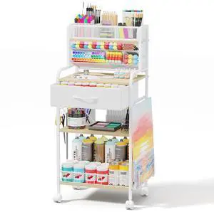 Art cart, 3 Tier Rolling Cart - Utility Cart with Storage Drawer and Wheels, Versatile Art & Craft Organizer for Home, Office, or Studio Ideal for Storing Brushes, Paints White Art cart, 3 Tier Rolling Cart - Utility Cart with Storage Drawer and Wheels, Versatile Art & Craft Organizer for Home, Office, or Studio Ideal for Storing Brushes, Paints White