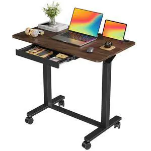 Mobile Standing Desk with Drawer, Height Adjustable, 35" Walnut | Small Rolling Desk & Table, Pneumatic Computer Sit Stand Workstation, Portable Laptop Cart w/ Hidden Wheels, Lockable Casters Mobile Standing Desk with Drawer, Height Adjustable, 35" Walnut | Small Rolling Desk & Table, Pneumatic Computer Sit Stand Workstation, Portable Laptop Cart w/ Hidden Wheels, Lockable Casters