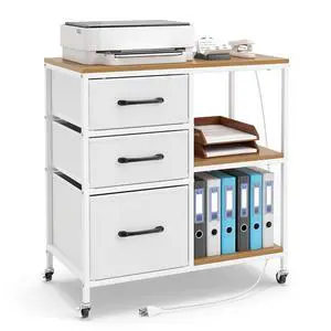 File Cabinet, Printer Stand with Storage, 3 Fabric Drawers, Open Storage Shelves, Charging Station, 4 Rolling Wheels (2 Lockable), Lateral Filing Cabinet for Home Office Organization (White) File Cabinet, Printer Stand with Storage, 3 Fabric Drawers, Open Storage Shelves, Charging Station, 4 Rolling Wheels (2 Lockable), Lateral Filing Cabinet for Home Office Organization (White)