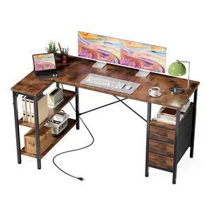 L Shaped Desk with Drawers, Gaming Desk, 55 Inch | Power Outlet, Study Table, Adjustable Shelves, Home Office, Corner Computer Workstation, Bedroom, Brown L Shaped Desk with Drawers, Gaming Desk, 55 Inch | Power Outlet, Study Table, Adjustable Shelves, Home Office, Corner Computer Workstation, Bedroom, Brown