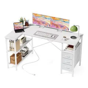 L Shaped Desk with Drawers, Gaming Desk, 55 Inch | Power Outlet, Study Table, Adjustable Shelves, Home Office, Corner Computer Workstation, Bedroom, White L Shaped Desk with Drawers, Gaming Desk, 55 Inch | Power Outlet, Study Table, Adjustable Shelves, Home Office, Corner Computer Workstation, Bedroom, White
