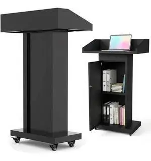 Podium Stand with 4 Locking Wheels, Heavy-Duty Metal Lectern with Large Lockable Storage Cabinet, Flat Desktop for Church, School, Office, and Conference, 43.7" H, Black Podium Stand with 4 Locking Wheels, Heavy-Duty Metal Lectern with Large Lockable Storage Cabinet, Flat Desktop for Church, School, Office, and Conference, 43.7" H, Black