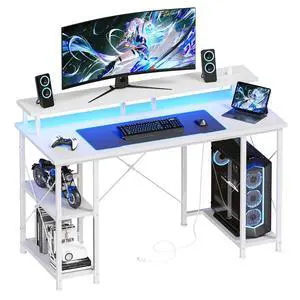 47 Gaming Desk with USB Charging Ports & LED Lights, White | Reversible Computer Desk with Drawers and Monitor Stand for Home Office Small Space Fits PC Towers 47 Gaming Desk with USB Charging Ports & LED Lights, White | Reversible Computer Desk with Drawers and Monitor Stand for Home Office Small Space Fits PC Towers