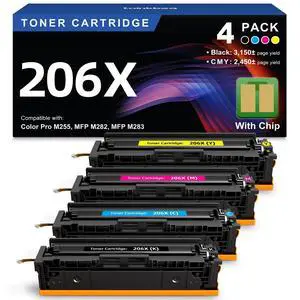 206X Toner Cartridge 4-Pack High Yield Compatible for HP 206X 206A W2110X | Replacement for HP Color Pro MFP M283fdw M283cdw M282nw M255dw M255nw Printer M283 M282 M255 Series | With Chip 206X Toner Cartridge 4-Pack High Yield Compatible for HP 206X 206A W2110X | Replacement for HP Color Pro MFP M283fdw M283cdw M282nw M255dw M255nw Printer M283 M282 M255 Series | With Chip