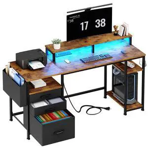 Gaming Desks with Led Lights and Power Outlets, 55 Inch Study Writing Computer Desk with Fabric File Drawers Cabinet for Bedroom, Home Office Desk with Shelves Monitor Stand, Rustic Brown Gaming Desks with Led Lights and Power Outlets, 55 Inch Study Writing Computer Desk with Fabric File Drawers Cabinet for Bedroom, Home Office Desk with Shelves Monitor Stand, Rustic Brown