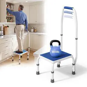 AdjustaStep(tm) Deluxe Step Stool/Footstool with Handle/Handrail, Height Adjustable. Modern White/Blue Design. Padded Non-Slip Handle. 300 lb. Capacity AdjustaStep(tm) Deluxe Step Stool/Footstool with Handle/Handrail, Height Adjustable. Modern White/Blue Design. Padded Non-Slip Handle. 300 lb. Capacity