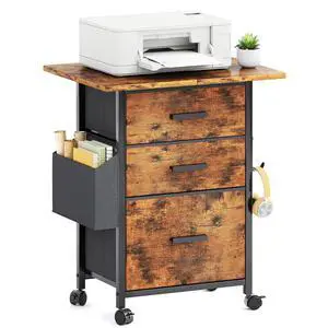 3 Drawer File Cabinet with 22'' Extended Desktop, Mobile Filing Cabinet, Printer Stand, Rolling Printer Stand with Side Bag, Fabric Drawer, Fits A4 Size, Home Office,Rustic Brown 3 Drawer File Cabinet with 22'' Extended Desktop, Mobile Filing Cabinet, Printer Stand, Rolling Printer Stand with Side Bag, Fabric Drawer, Fits A4 Size, Home Office,Rustic Brown
