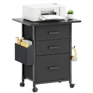 3 Drawer File Cabinet with 22'' Extended Desktop, Mobile Filing Cabinet, Printer Stand, Rolling Printer Stand with Side Bag, Fabric Drawer, Fits A4 Size, Home Office, Black 3 Drawer File Cabinet with 22'' Extended Desktop, Mobile Filing Cabinet, Printer Stand, Rolling Printer Stand with Side Bag, Fabric Drawer, Fits A4 Size, Home Office, Black