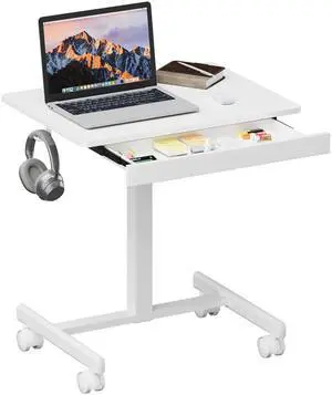 Mobile Standing Desk with Drawers, Pneumatic Height Adjustable Rolling Computer Workstation with Lockable Casters and Hooks for Home Office(White) Mobile Standing Desk with Drawers, Pneumatic Height Adjustable Rolling Computer Workstation with Lockable Casters and Hooks for Home Office(White)