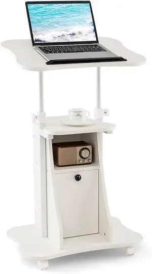 Mobile Laptop Podium, Portable Height Adjustable Podium Stand, Rolling Lectern Desk with Storage, 180° Tilting Top, Lockable Universal Casters, Sit-to-Stand Computer Desk for Home, Office Mobile Laptop Podium, Portable Height Adjustable Podium Stand, Rolling Lectern Desk with Storage, 180° Tilting Top, Lockable Universal Casters, Sit-to-Stand Computer Desk for Home, Office