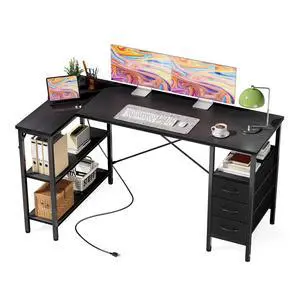 L Shaped Desk with Drawers, Gaming Desk, 55 Inch | Power Outlet, Study Table, Adjustable Shelves, Home Office, Corner Computer Workstation, Bedroom, Black L Shaped Desk with Drawers, Gaming Desk, 55 Inch | Power Outlet, Study Table, Adjustable Shelves, Home Office, Corner Computer Workstation, Bedroom, Black