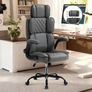 Office Chair with Adjustable Headrest - Executive Leather Desk Chair for Home Office, with Flip-Up Arms & Ergonomic Lumbar Support, Perfect for Work and Study, Gray Office Chair with Adjustable Headrest - Executive Leather Desk Chair for Home Office, with Flip-Up Arms & Ergonomic Lumbar Support, Perfect for Work and Study, Gray