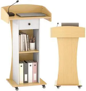 Portable Podium Stand with Lockable Wheels for Classroom(Yellow White) | Wooden Pulpit for Church with Adjustable Shelf, Mobile Teacher Lectern with Drawer, Rolling Host Stand for Office, Reception Portable Podium Stand with Lockable Wheels for Classroom(Yellow White) | Wooden Pulpit for Church with Adjustable Shelf, Mobile Teacher Lectern with Drawer, Rolling Host Stand for Office, Reception