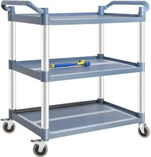 Plastic Utility Carts with Wheels, 3-Tier Medium Size Restaurant Food Cart, Heavy Duty 510lbs Capacity Rolling Service Cart w/Hammer for Commercial, Kitchen, Office (Lockable Wheels, M-Grey) Plastic Utility Carts with Wheels, 3-Tier Medium Size Restaurant Food Cart, Heavy Duty 510lbs Capacity Rolling Service Cart w/Hammer for Commercial, Kitchen, Office (Lockable Wheels, M-Grey)
