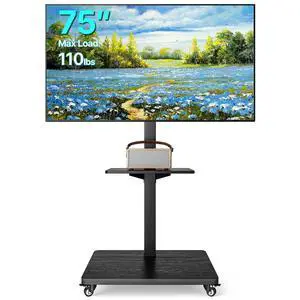 Rolling TV Stand for 32-75 Inch TVs Holds up to 110 lbs | Mobile TV Stand on Metal Wheels with Shelf, Tilt & Swivel Portable TV Mount, Height Adjustable TV Cart with Wire Management Rolling TV Stand for 32-75 Inch TVs Holds up to 110 lbs | Mobile TV Stand on Metal Wheels with Shelf, Tilt & Swivel Portable TV Mount, Height Adjustable TV Cart with Wire Management