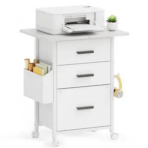 3 Drawer File Cabinet with 22'' Extended Desktop, Mobile Filing Cabinet, Printer Stand, Rolling Printer Stand with Side Bag, Fabric Drawer, Fits A4 Size, Home Office, White 3 Drawer File Cabinet with 22'' Extended Desktop, Mobile Filing Cabinet, Printer Stand, Rolling Printer Stand with Side Bag, Fabric Drawer, Fits A4 Size, Home Office, White