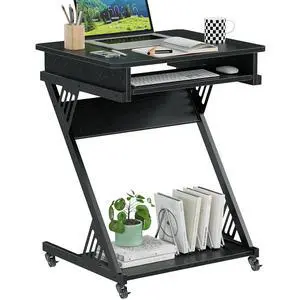 Computer Desk for Small Spaces,23.6" Z-Shaped Compact Study Table with Smooth Keyboard Tray,with Wheels and Bottom Shelves for Home OfficeComputer Cart Mobile Laptop Cart Computer Desk for Small Spaces,23.6" Z-Shaped Compact Study Table with Smooth Keyboard Tray,with Wheels and Bottom Shelves for Home OfficeComputer Cart Mobile Laptop Cart
