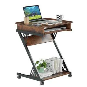 Computer Desk for Small Spaces, 23.6" Z-Shaped Compact Study Table with Smooth Keyboard Tray with Wheels and Bottom Shelves for Home Office, Computer Cart Mobile Laptop Cart, Rustic Brown Computer Desk for Small Spaces, 23.6" Z-Shaped Compact Study Table with Smooth Keyboard Tray with Wheels and Bottom Shelves for Home Office, Computer Cart Mobile Laptop Cart, Rustic Brown