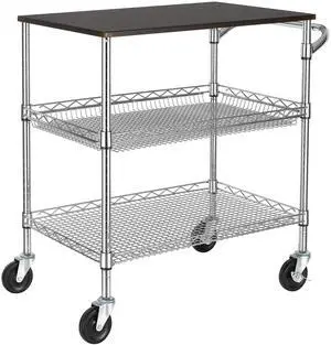 3 Tier Heavy Duty Commercial Grade Utility Cart with Wood Top, Wire Rolling Cart with Handle Bar, Steel Service Cart with Wheels, Utility Shelf Food Storage Trolley, NSF Listed 3 Tier Heavy Duty Commercial Grade Utility Cart with Wood Top, Wire Rolling Cart with Handle Bar, Steel Service Cart with Wheels, Utility Shelf Food Storage Trolley, NSF Listed