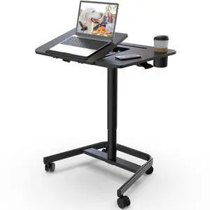 Rolling Standing Desk, 60° Tiltable Mobile Laptop Desk, Black | Pneumatic Height Adjustable Cart, Portable Stand Up Desk with Wheels & Cup Holder for Office Home School, Holds Up to 22lbs Rolling Standing Desk, 60° Tiltable Mobile Laptop Desk, Black | Pneumatic Height Adjustable Cart, Portable Stand Up Desk with Wheels & Cup Holder for Office Home School, Holds Up to 22lbs