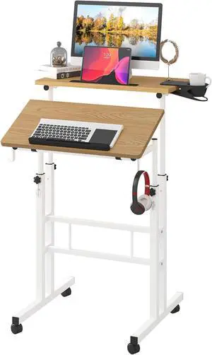 Small Standing Desk with Removable Cup Holder, Height Adjustable Mobile Laptop Stand on Wheels, Ergonomic Rolling Computer Workstation for Home Office, Portable Overbed Table for Couch & Bed, Khaki Small Standing Desk with Removable Cup Holder, Height Adjustable Mobile Laptop Stand on Wheels, Ergonomic Rolling Computer Workstation for Home Office, Portable Overbed Table for Couch & Bed, Khaki