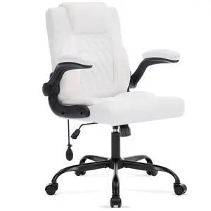 Leather Office Chair Executive Computer Desk Chair,White | Inflatable Lumbar Support,Flip-up Arms,Ergonomic,Tilting,Swivel,Rolling PC Chair for Work,Study,Meeting Leather Office Chair Executive Computer Desk Chair,White | Inflatable Lumbar Support,Flip-up Arms,Ergonomic,Tilting,Swivel,Rolling PC Chair for Work,Study,Meeting