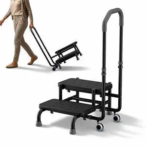 2 Step Stool with Handle & Wheels for Seniors, Elderly and Adults | 400 lbs Capacity, Heavy Duty, Adjustable 5-Level Handrail, Non-Slip Wide Steps 2 Step Stool with Handle & Wheels for Seniors, Elderly and Adults | 400 lbs Capacity, Heavy Duty, Adjustable 5-Level Handrail, Non-Slip Wide Steps