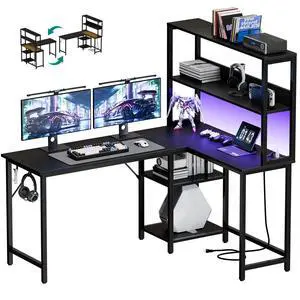 L Shaped Desk, Gaming Desk, LED Lights, 53 Inch | Power Outlets, Reversible Corner Home Office Table, Adjustable Shelf CPU Stand, Black L Shaped Desk, Gaming Desk, LED Lights, 53 Inch | Power Outlets, Reversible Corner Home Office Table, Adjustable Shelf CPU Stand, Black