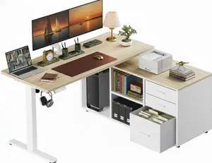L-Shaped Executive Standing Desk with File Cabinet, 55" x 24" Electric Height Adjustable Stand up Desk, One-Whole Piece Desktop, Home Office Modern Computer Deskwith 4 Memory Presets L-Shaped Executive Standing Desk with File Cabinet, 55" x 24" Electric Height Adjustable Stand up Desk, One-Whole Piece Desktop, Home Office Modern Computer Deskwith 4 Memory Presets